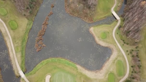 Autumn Golf Field Lake Shore Lithuania Aerial Drone Top View — Stock Video