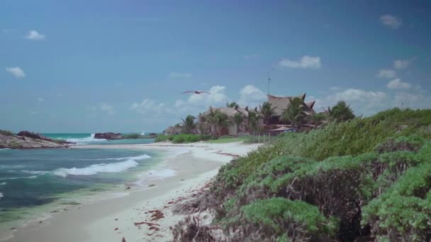 Playa Arena Mar Turquesa Sobre Fondo Azul Cielo — Vídeo de stock