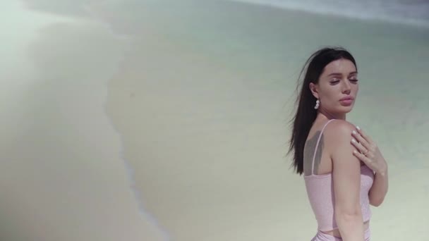 Deniz Kıyısında Kameranın Önünde Poz Veren Pembe Elbiseli Güzel Şık — Stok video