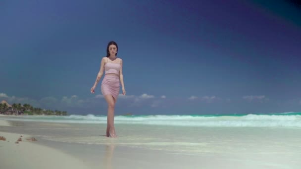 海岸のカメラの前にポーズをとってピンクのドレスを着た美しいファッショナブルな女性 — ストック動画