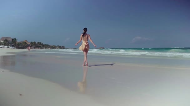 Bella Bruna Abito Giallo Cammina Lungo Spiaggia — Video Stock