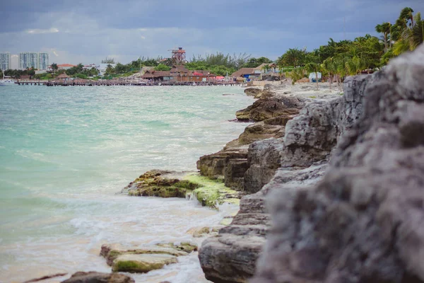 Littoral Mer Des Caraïbes Avec Sable Blanc Rochers Cancun — Photo