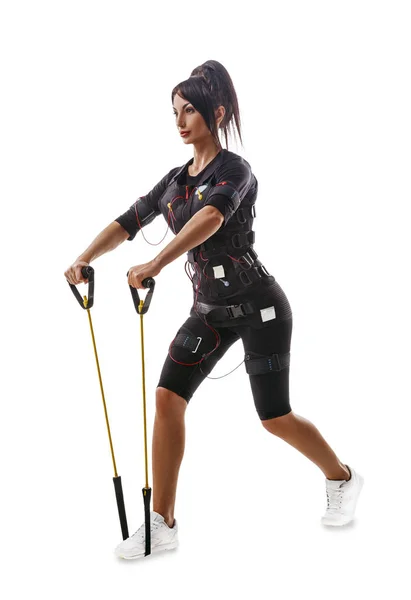 Ems 健身女人锻炼手和回与膨胀机 — 图库照片