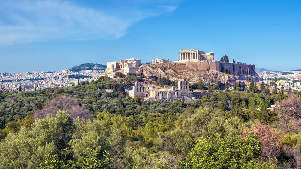 Panoramik Akropol Atina Yunanistan Tepe Üzerinde Antik Yunan Parthenon Atina — Stok fotoğraf