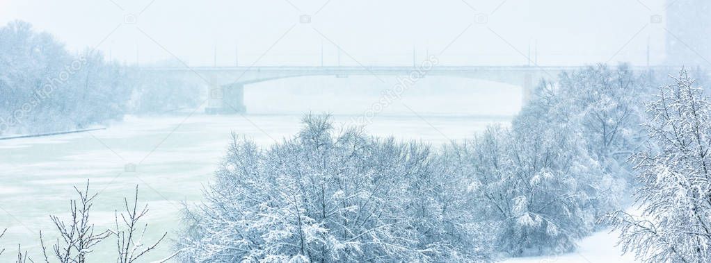 Winter landscape, Moscow, Russia. Scenery of snowy park by froze
