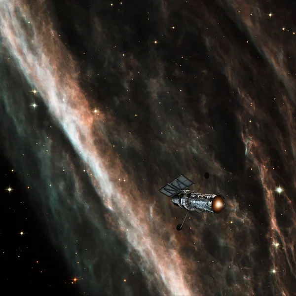 Nave spaziale vola oltre la nebulosa oscura nell'universo. Volo di smal — Foto Stock