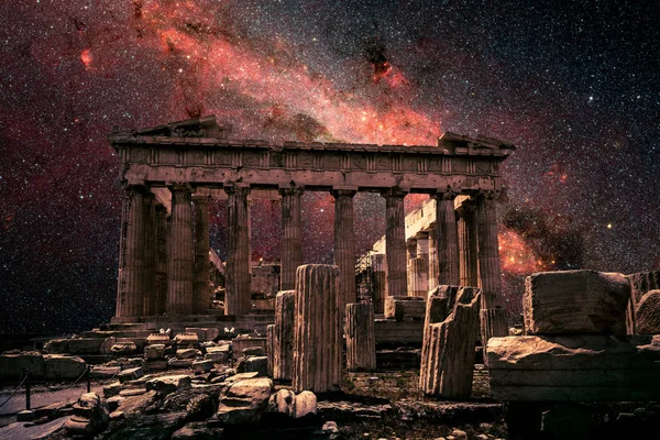 Athens at night, Greece. Fantasy view of Parthenon on Milky Way — Stock Photo, Image