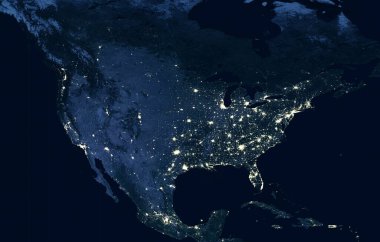 Gece dünya, şehir ışıklarının görüntüsü Amerika 'daki insan aktivitelerini gösteriyor. Kuzey Amerika küresel uydu fotoğrafında dünya karanlık haritasında. Bu görüntünün elementleri NASA tarafından desteklenmektedir.