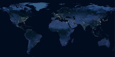 Gece Dünya, şehir ışıklarının görüntüsü... Kuzey Amerika 'da, Avrupa' da ve Doğu Asya 'da uzaydan insan aktivitelerini gösteriyor. Küresel uydu fotoğrafında dünya haritası. Bu görüntünün elementleri NASA tarafından desteklenmektedir.