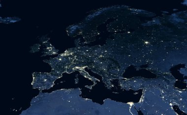 Gece Dünya 'da, şehir ışıkları Avrupa ve Orta Doğu' daki insan aktivitelerini uzaydan gösteriyor. Küresel uydu fotoğrafında dünya haritası. Bu görüntünün elementleri NASA tarafından desteklenmektedir.