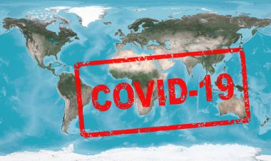 Coronavirüs salgını, COVID-19 'u küresel haritaya damgalayın. Çin 'de Coronavirus salgını, Corona virüsünün dünyaya yayılması. COVID-19 salgın hastalık konsepti. Bu görüntünün elementleri NASA tarafından desteklenmektedir.