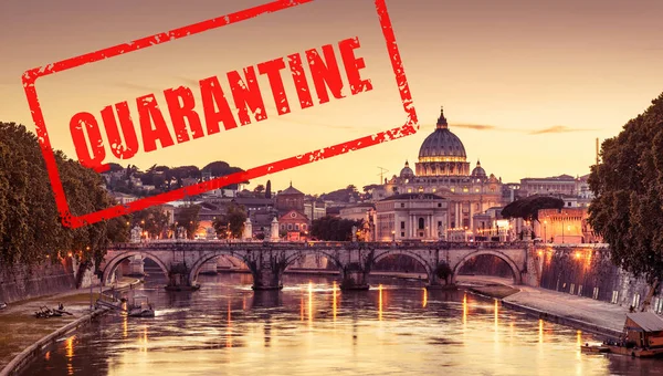 COVID-19 coronavirus in Italy, stamp Quarantine in photo of Rome and Vatican City. Italian tourist attractions closed due to novel corona virus outbreak. COVID-19 pandemic and travel concept.