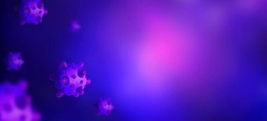 COVID-19, grip veya grip koronavirüsü mavi arka plan, SARS-CoV-2 korona virüsü mikroskop altında, 3D çizim. Coronavirus salgını ve salgını. Viroloji, aşı ve COVID19 patoloji kavramı.