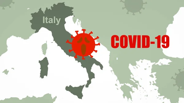 Covid 19ヨーロッパ地図上のイタリアでのコロナウイルスの発生 コロナウイルスのアイコンとCovid 19テキスト 恐ろしいCovid疾患による世界的な隔離 コロナウイルスのパンデミック予防と保護の概念 — ストック写真