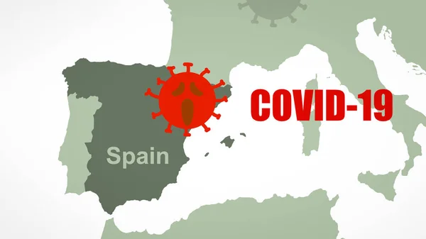 スペインでのCovid 19コロナウイルスの発生 ヨーロッパ地図上でのコロナウイルスのアイコンとCovid 19テキスト 恐ろしいCovid疾患による世界的な隔離 コロナウイルスのパンデミック予防と保護の概念 — ストック写真