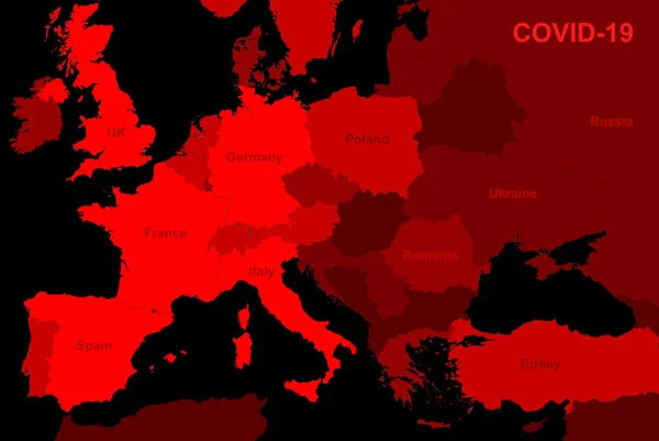 COVID-19 coronavirus in Europe, map confirmed cases report with countries. Global quarantine due to coronavirus disease. Concept of novel corona virus outbreak, world pandemic and COVID prevention.