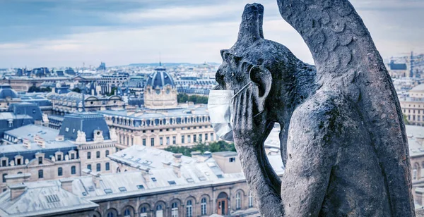 Covid Coronavirus France Medical Mask Gargoyle Notre Dame Paris Tourist — Stock Photo, Image