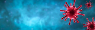 Ağ başlığı için koronavirüs panoramik arka planı, 3D illüstrasyon, hücrede mikroskop altında SARS-CoV-2 koronavirüs patojeni. Corona virüsü salgını ve COVID-19 salgını temalı pankart. 