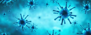 Coronavirus or flu virus banner, 3d illustration, microscopic view of pathogen SARS-CoV-2 corona virus in cell on blue background. Concept of science, COVID-19 pandemic and coronavirus research.  clipart