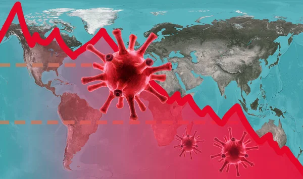 Coronavirus impacts to business, graph of stock market crash on global map. World economy hits by corona virus outbreak. Financial crisis due to COVID-19 pandemic. Elements of image furnished by NASA.