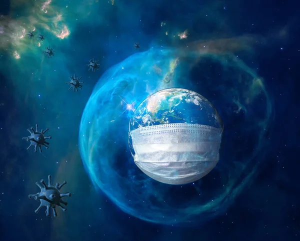 Земля Медицинской Маске Космосе Концепция Коронавируса Мире Пандемия Covid Голубой — стоковое фото