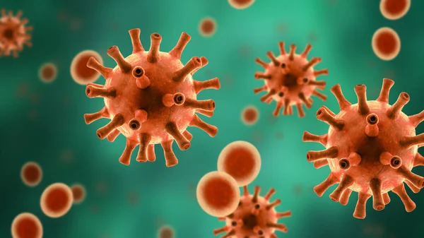 Coronavirus or flu germs inside cell, microscopic view of SARS-CoV-2 corona virus on green background, 3d rendering. Banner with concept of COVID-19 pandemic, coronavirus outbreak and medical research