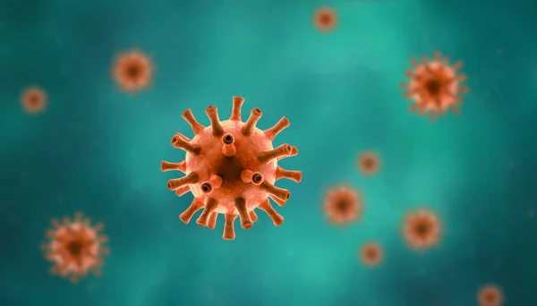 Coronavirus inside cell or blood, macro view of SARS-CoV-2 corona virus on blue green background, 3d illustration. Concept of COVID-19 pandemic, global coronavirus outbreak and science virology.