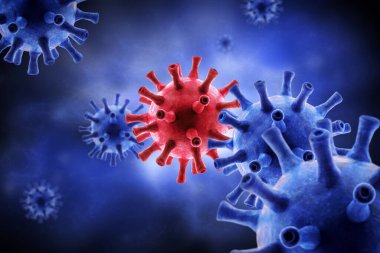 Mavi arka plandaki organizma içinde Coronavirus veya grip virüsü patojeni, mikroskop altında SARS-CoV-2 corona virüsü, 3D görüntüleme. Patoloji kavramı, virüs araştırması, COVID-19 salgını ve bilim. 