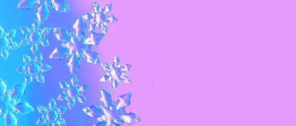 Банер з прозорими скляними сніжинками в неоновому світлі — стокове фото