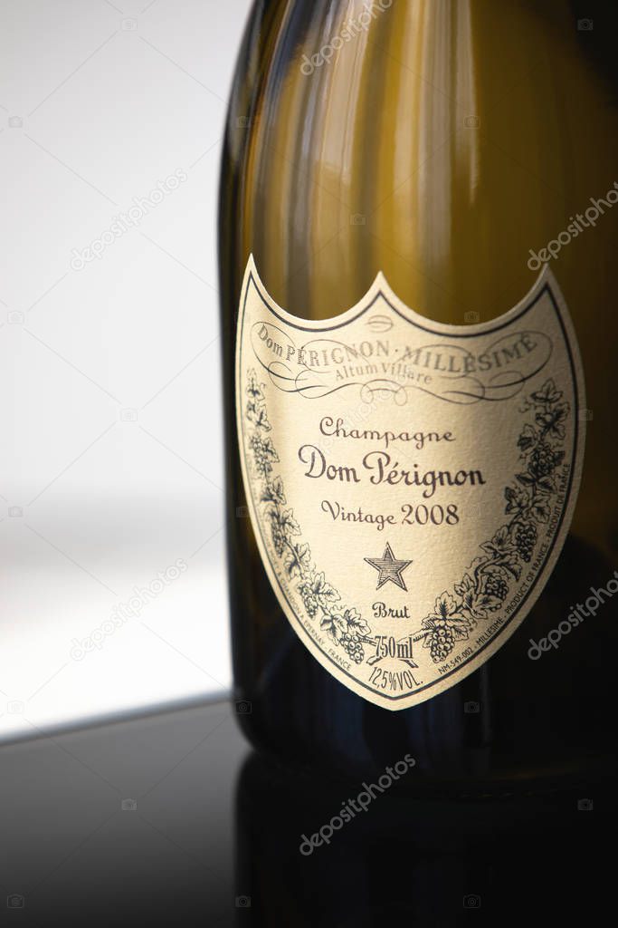 Krasnodar, Russian Federation - February 14, 2020: Close-up of Bottle of Champagne Dom Perignon Vintage 2008 logo produced by the French vinery brand Moet and Chandon