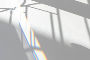 Fotoğraf ve modeller için üstüste koyma efekti. Organik gölge ve ışık demeti beyaz bir duvara gökkuşağı şeklinde düşer..