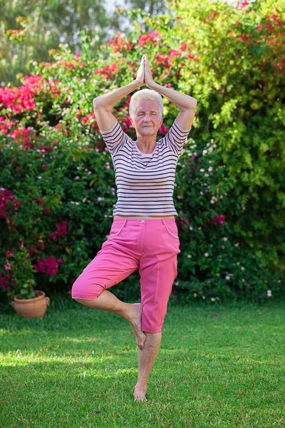 Starsza Kobieta Robi Joga Pozować — Zdjęcie stockowe