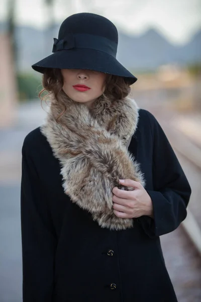 retro vintage woman at railway station