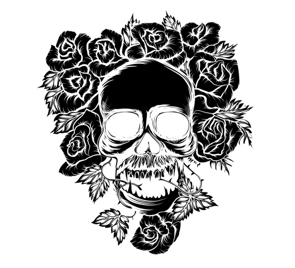 黑色骷髅与玫瑰花朵场景 — 图库矢量图片