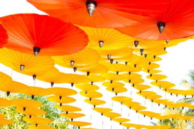 Güzel kırmızı ve sarı şemsiye sahne