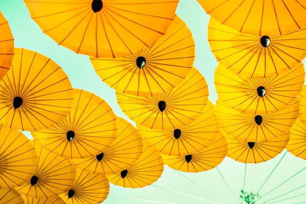 Guarda-chuva amarelo mostrando paisagens no parque — Fotografia de Stock