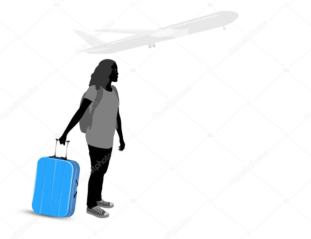 Silhouette young woman travel background