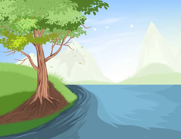 木や湖のシーン — ストックベクタ