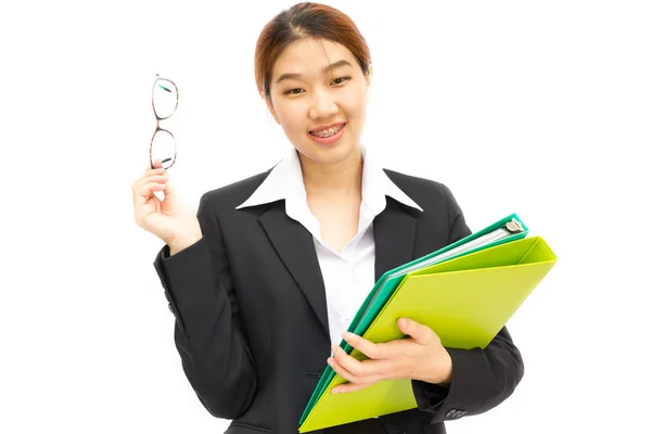 Cheerful business woman holding folder on white background — Stock Photo, Image