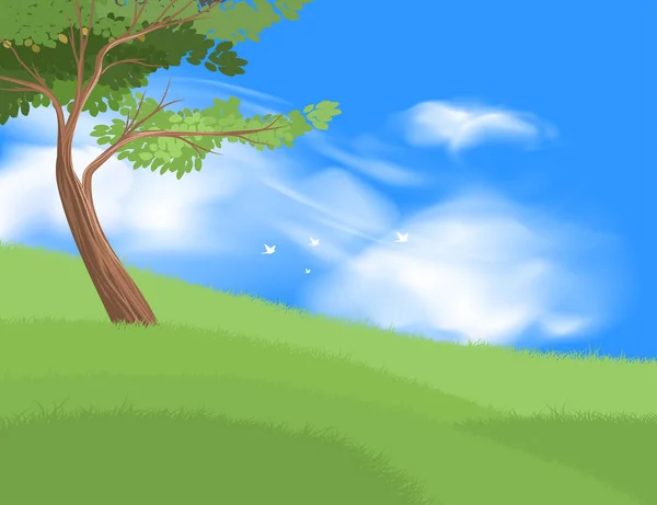 Красиве дерево на трав'яному полі сцена — стоковий вектор