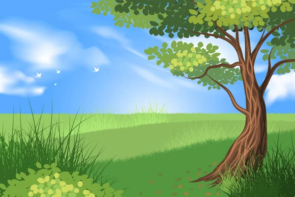 Árbol y hierba verde escena — Vector de stock