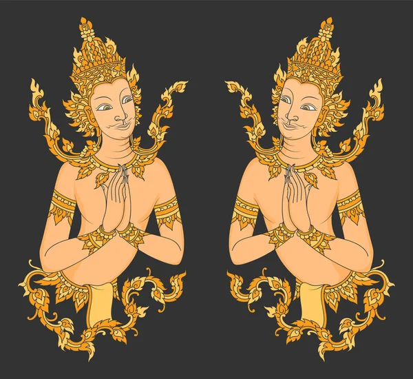 Estilo tailandés dos ángeles patrón de arte — Archivo Imágenes Vectoriales