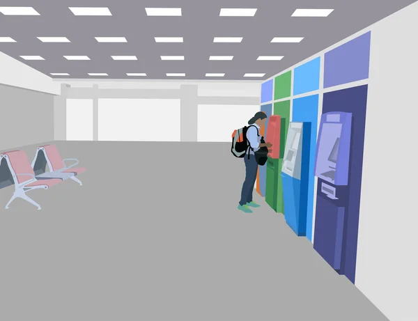 Una Chica Usando Cajero Automático Aeropuerto Pasajeros Escena Vector Tecnología — Archivo Imágenes Vectoriales