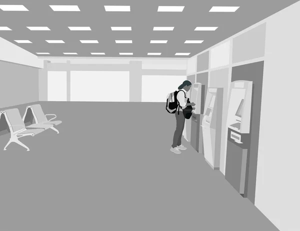 剪影人使用 Atm 在机场客运房矢量技术背景 — 图库矢量图片