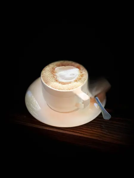 Nahaufnahme Weiße Tasse Kaffee Auf Holztisch Dunkler Szene Essen Und — Stockfoto