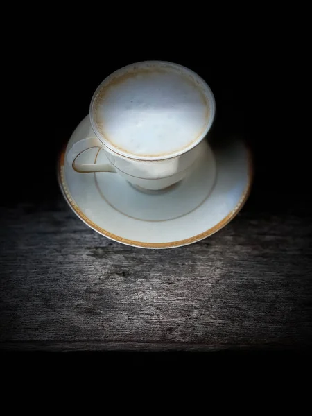 Close White Cup Coffee Hot Drink Dark Scene Wood Table — ストック写真