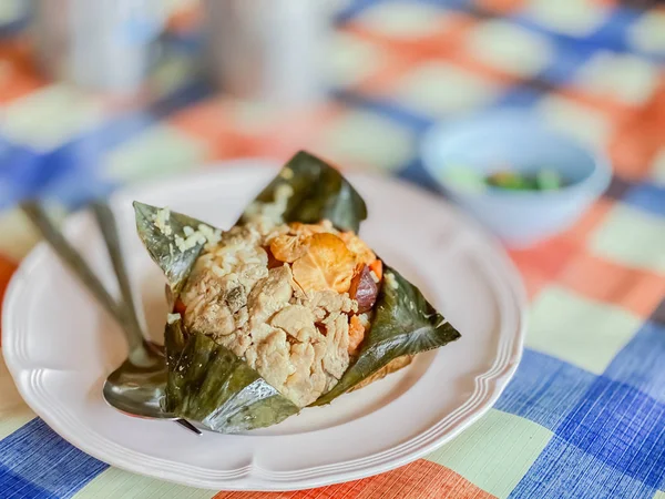 Close Lotus Leaf Wrapped Fried Rice Pork Local Thai Food — Stok fotoğraf