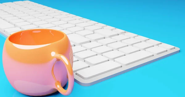キーボードコンピュータとオレンジカップの色3Dシーンイラストビジネス壁紙の背景 — ストック写真