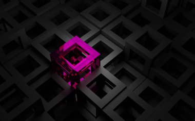 Karanlık sahnede parlak cam kare şekilli mor, soyut duvar kağıdı arkaplanını üç boyutlu görüntüler