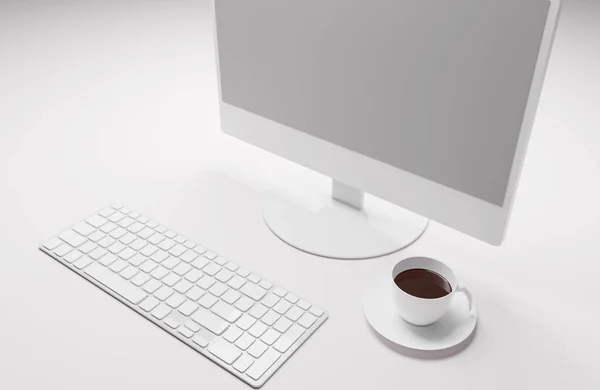 Computer Met Toetsenbord Witte Kop Koffie Bureau Rendering Achtergrond — Stockfoto